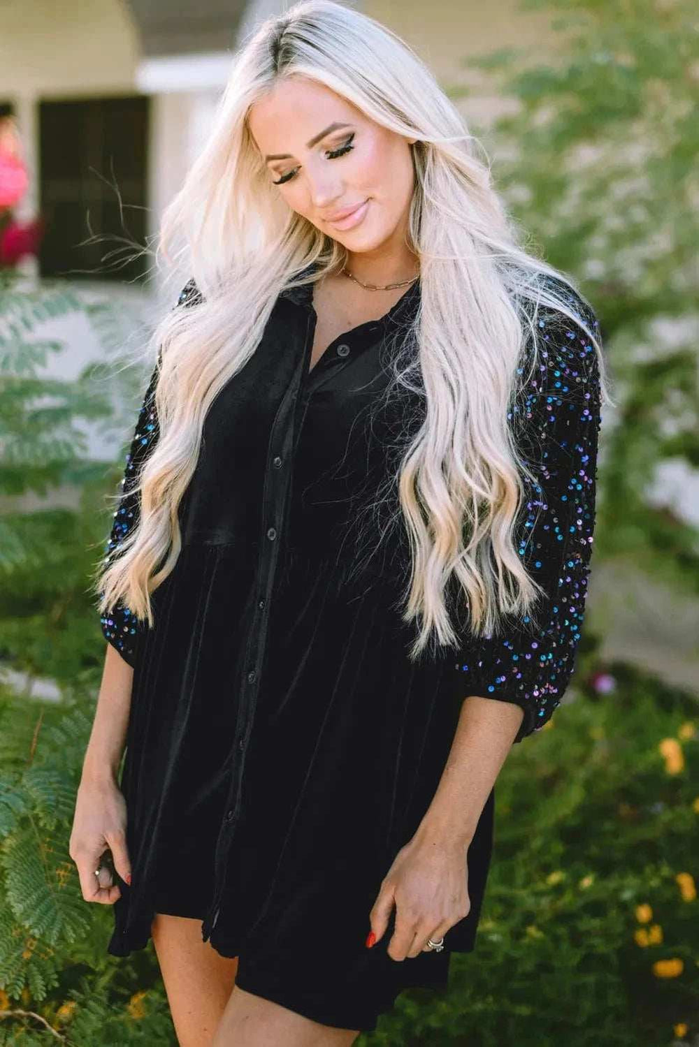 Sequin Collared Neck Three-Quarter Sleeve Oversize Shirt - Trendsi - Flyclothing LLC