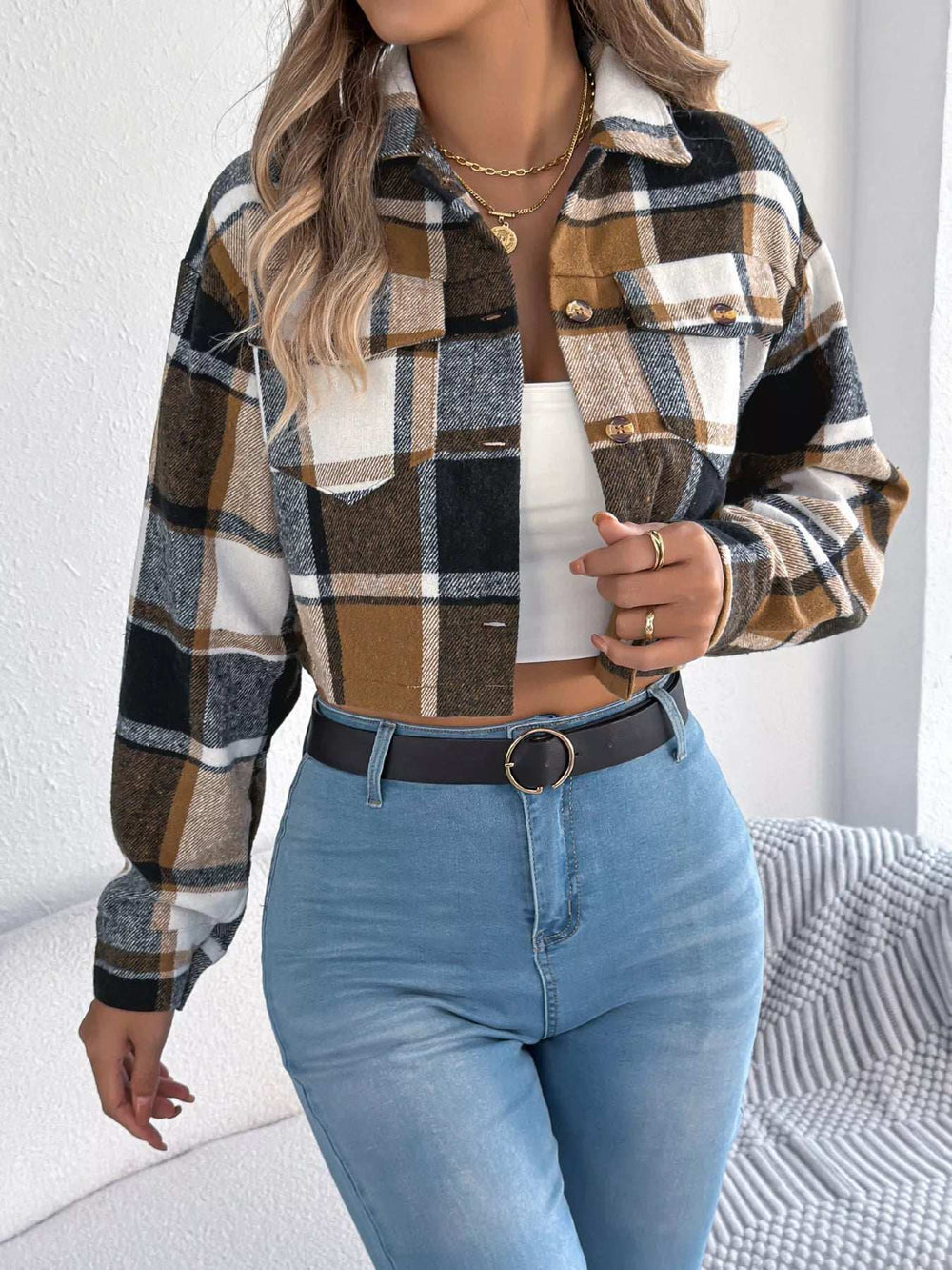 Plaid Button Up Cropped Jacket - Trendsi - Flyclothing LLC