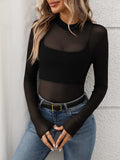 Mock Neck Long Sleeve Sheer Top - Trendsi - Flyclothing LLC