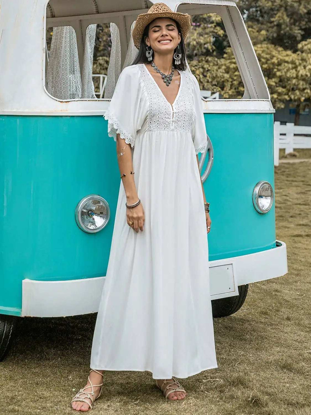 Lace Detail Eyelet V-Neck Half Sleeve Dress - Trendsi - Flyclothing LLC