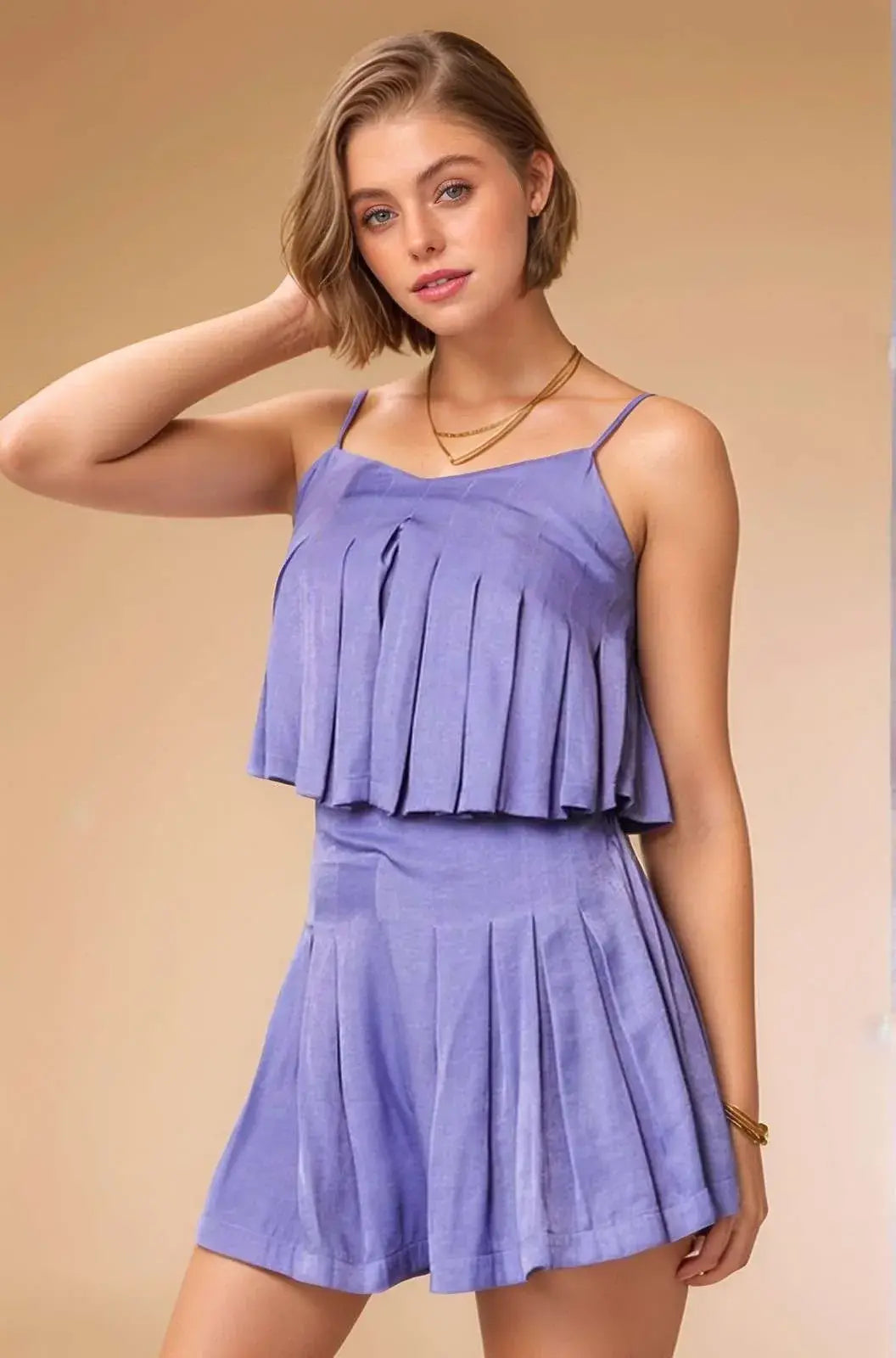 Davi & Dani Pleated Body Elastic Back Babydoll Strappy Top - Trendsi - Flyclothing LLC