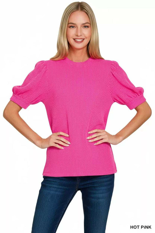 Zenana Raised Rib Puff Sleeve Top - Trendsi - Flyclothing LLC