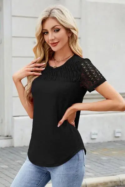 Smocked Round Neck Short Sleeve T-Shirt - Trendsi - Flyclothing LLC