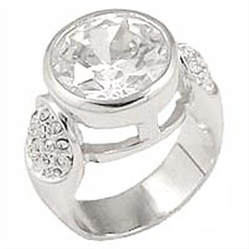 0G415 - Rhodium Brass Ring with AAA Grade CZ  in Clear - Alamode
