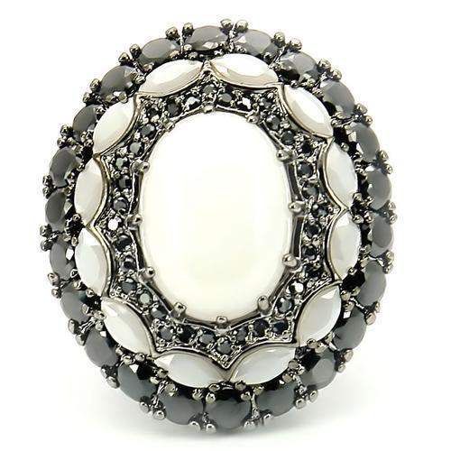 0W213 - Ruthenium Brass Ring with Milky CZ in White - Alamode - Flyclothing LLC