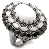 0W213 - Ruthenium Brass Ring with Milky CZ  in White - Alamode