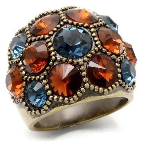 0W234 - Antique Copper Brass Ring with Top Grade Crystal in Multi Color - Alamode - Flyclothing LLC