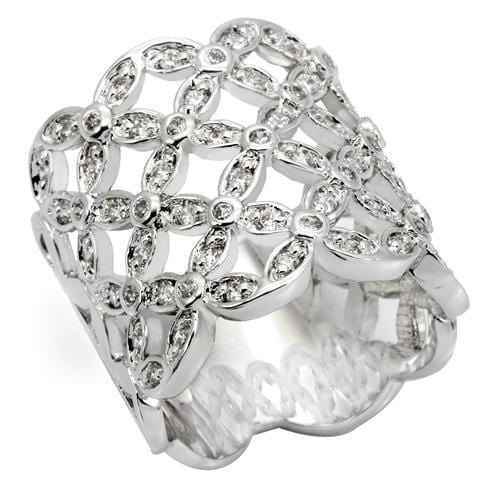 0W267 - Rhodium Brass Ring with AAA Grade CZ  in Clear - Alamode