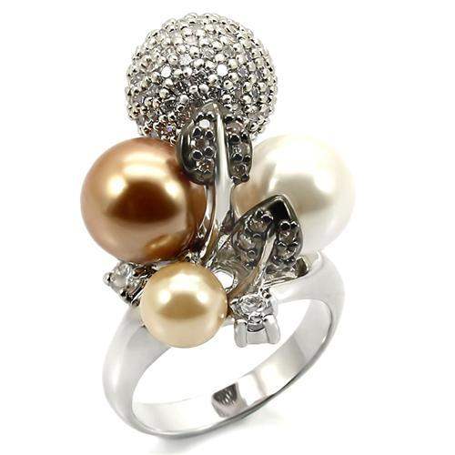 0W296 - Rhodium + Ruthenium Brass Ring with Synthetic Pearl in Multi Color - Alamode - Flyclothing LLC