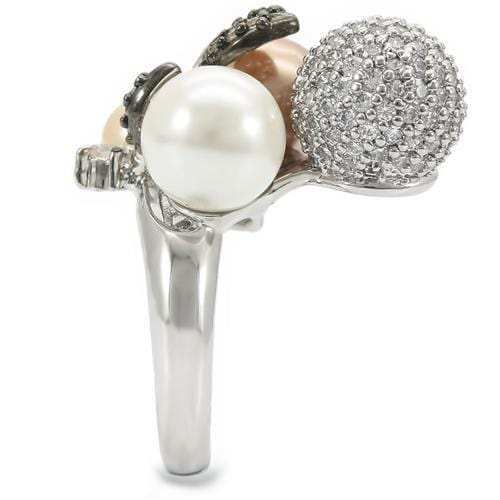 0W296 - Rhodium + Ruthenium Brass Ring with Synthetic Pearl in Multi Color - Alamode - Flyclothing LLC