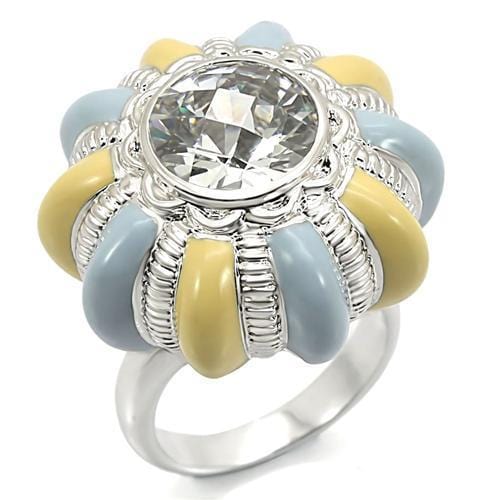 0W308 - Rhodium Brass Ring with AAA Grade CZ  in Clear - Alamode