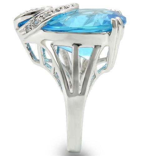 0W343 - Rhodium Brass Ring with Synthetic Synthetic Glass in Sea Blue - Alamode - Flyclothing LLC