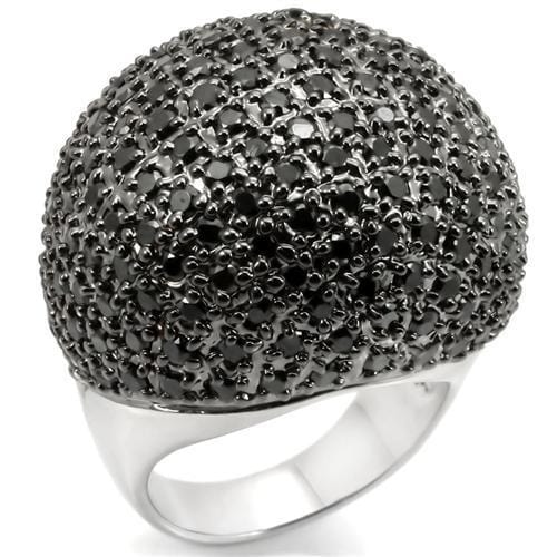 0W362 - Rhodium + Ruthenium Brass Ring with AAA Grade CZ  in Jet - Alamode