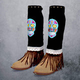 1-Pair Day of the Dead Skull Suede Fringe Boot Toppers - Madeline Love - Flyclothing LLC