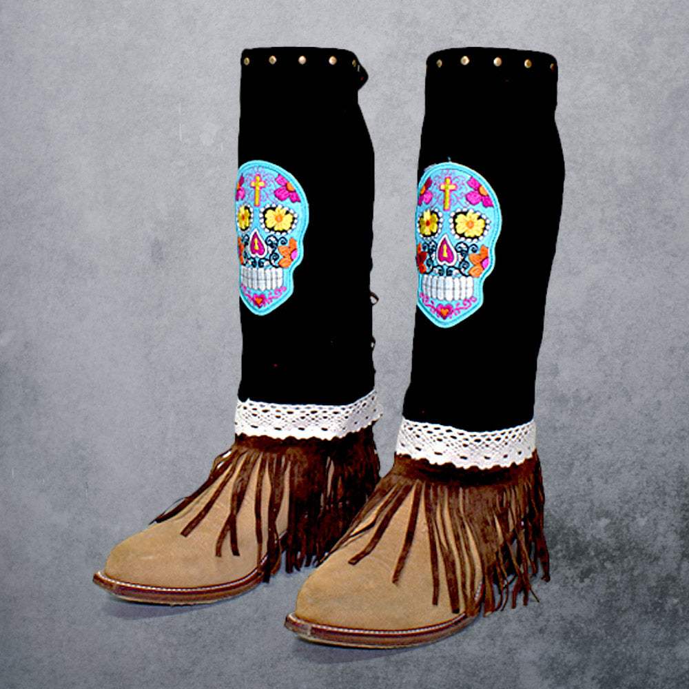 1-Pair Day of the Dead Skull Suede Fringe Boot Toppers - Madeline Love - Flyclothing LLC