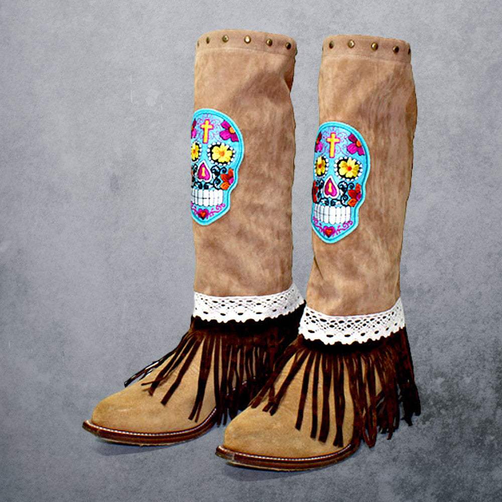 1-Pair Day of the Dead Skull Suede Fringe Boot Toppers - Madeline Love - Flyclothing LLC