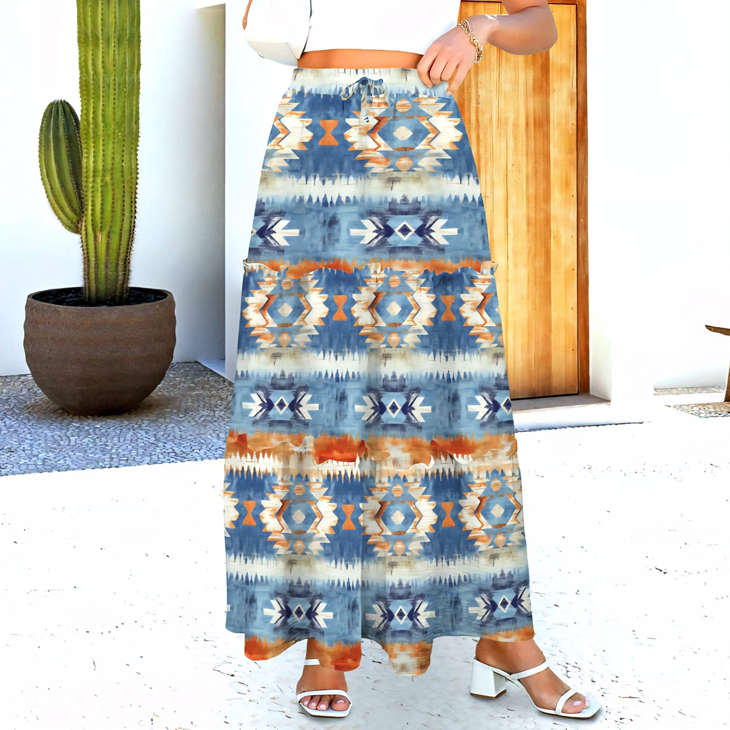 Baha Ranch Blue Aztec Western Prairie Tiered Maxi Skirt - Baha Ranch Western Wear - Flyclothing LLC