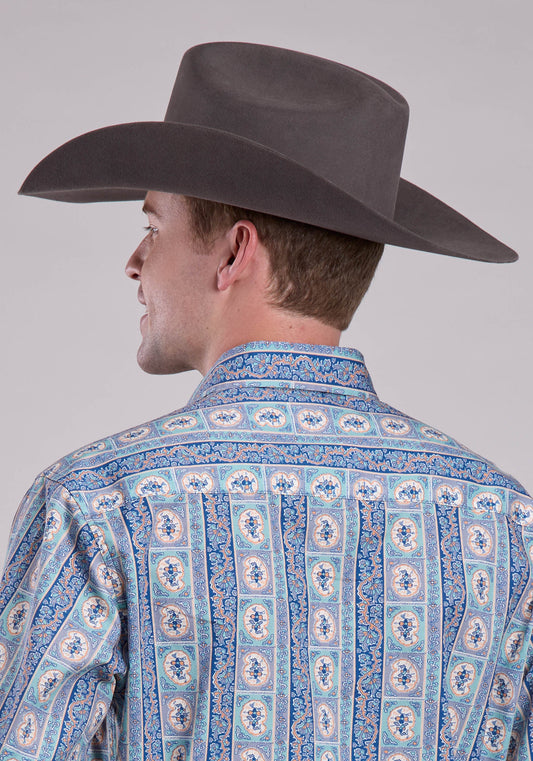 Mens Long Sleeve Snap Vintage Wallpaper Print Western Shirt