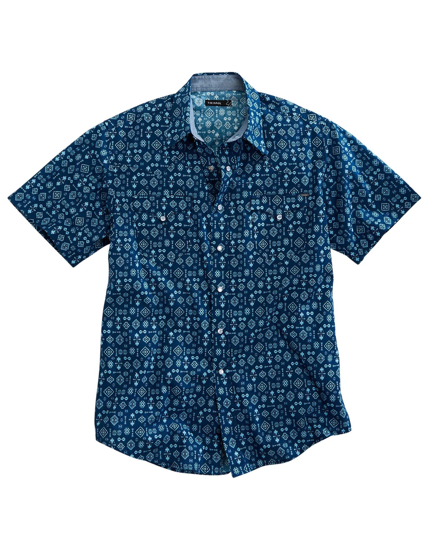 Tin Haul Mens Short Sleeve Snap Indigo Aztec Print Western Shirt - TIN HAUL - Flyclothing LLC