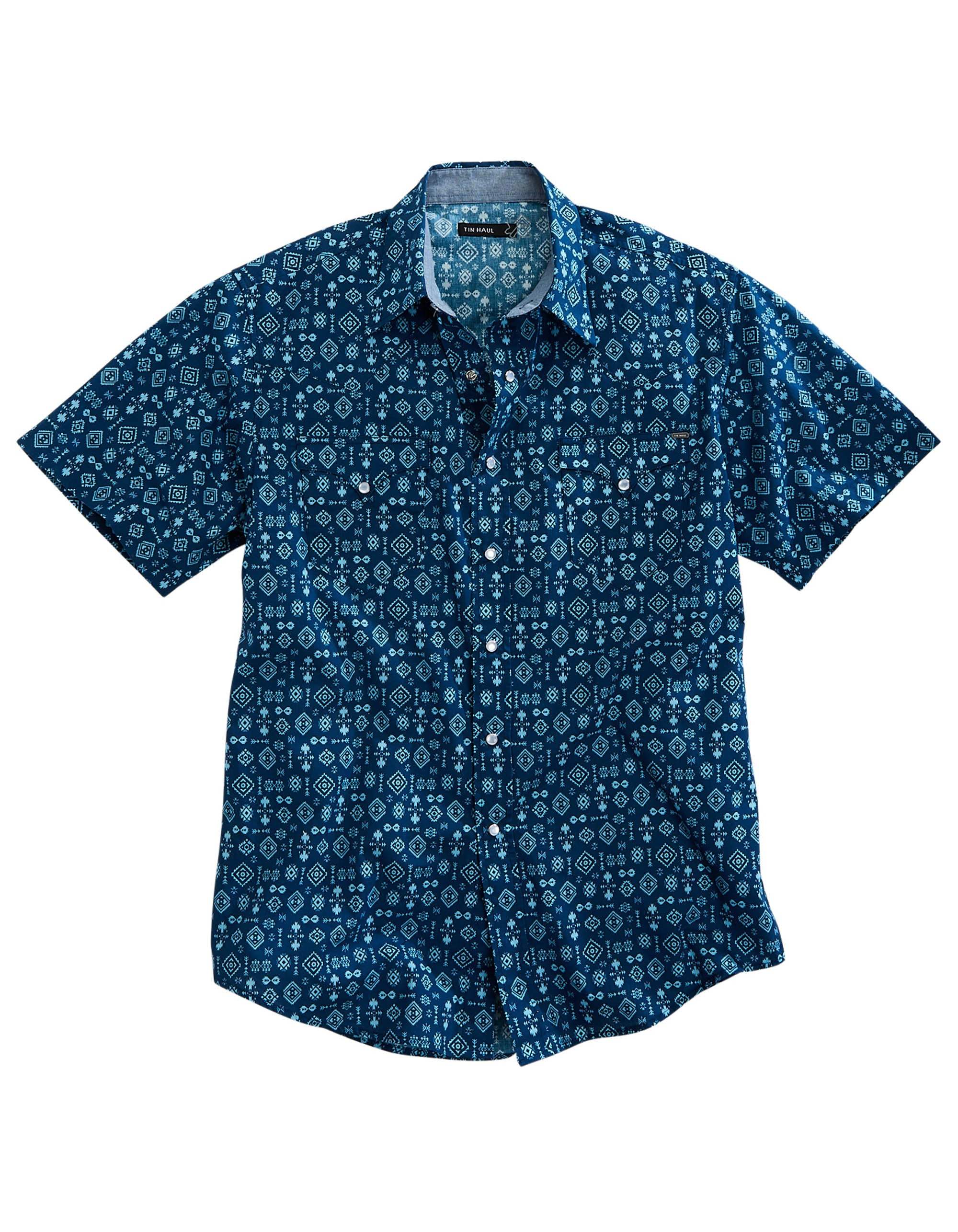 Tin Haul Mens Short Sleeve Snap Indigo Aztec Print Western Shirt - TIN HAUL - Flyclothing LLC