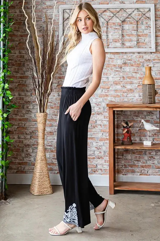 Heimish Full Size Solid Damask Casual Pants Plus Size - Trendsi - Flyclothing LLC