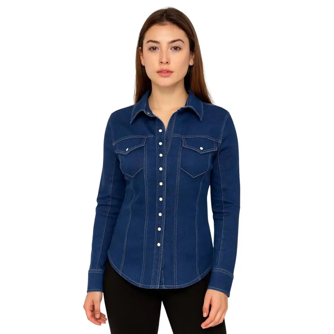 TuffRider Cody Ladies Western Denim Shirt with Covered Zip Closure and Decorative Pearl Snaps - Breeches.com - Flyclothing LLC