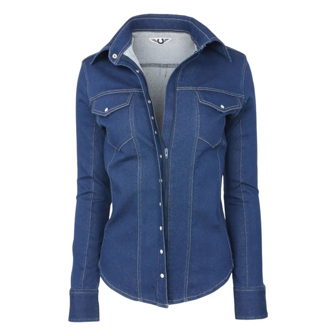 TuffRider Cody Ladies Western Denim Shirt with Covered Zip Closure and Decorative Pearl Snaps - Breeches.com - Flyclothing LLC