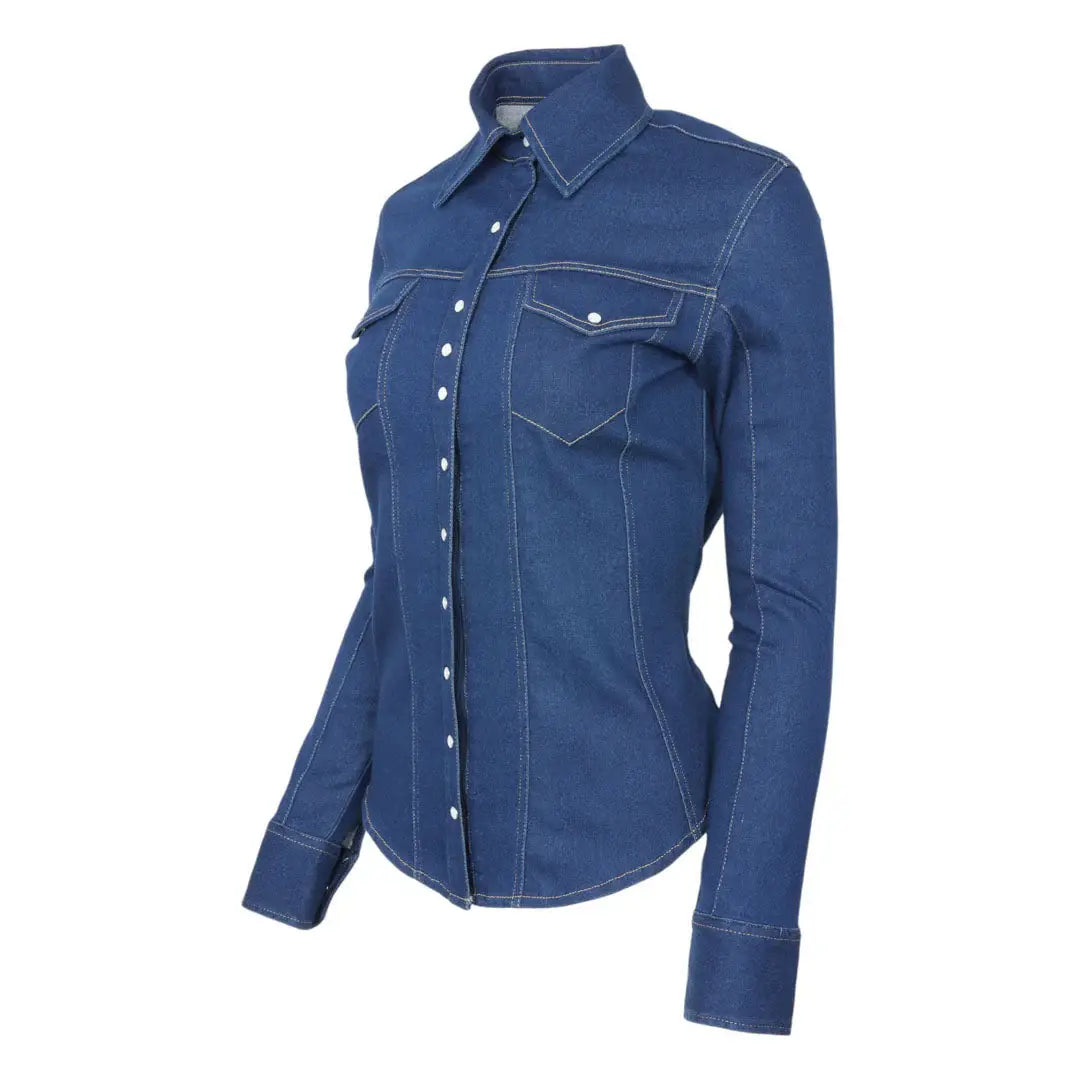 TuffRider Cody Ladies Western Denim Shirt with Covered Zip Closure and Decorative Pearl Snaps - Breeches.com - Flyclothing LLC