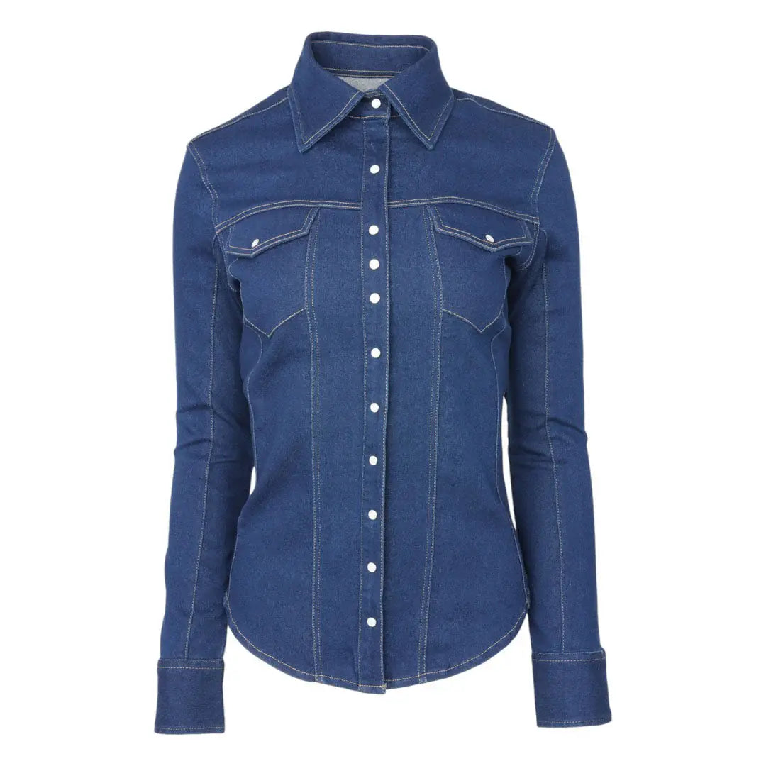 TuffRider Cody Ladies Western Denim Shirt with Covered Zip Closure and Decorative Pearl Snaps - Breeches.com - Flyclothing LLC