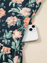Floral Print Striped Trim V Neck Long Sleeve Ruffle Hem Shift Mini Dress - Trendsi - Flyclothing LLC