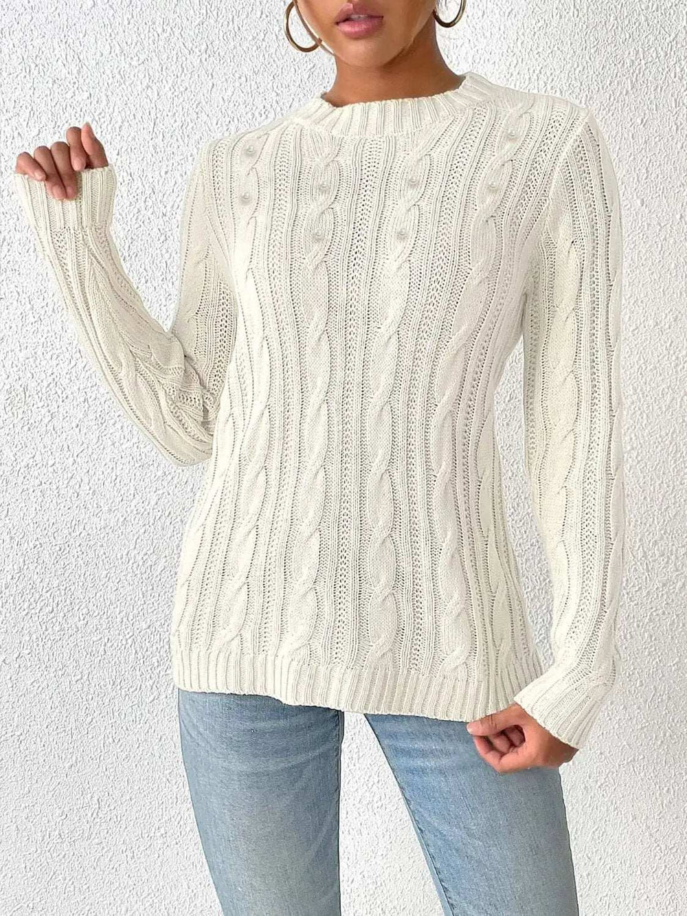 Cable-Knit Round Neck Long Sleeve Sweater - Trendsi - Flyclothing LLC