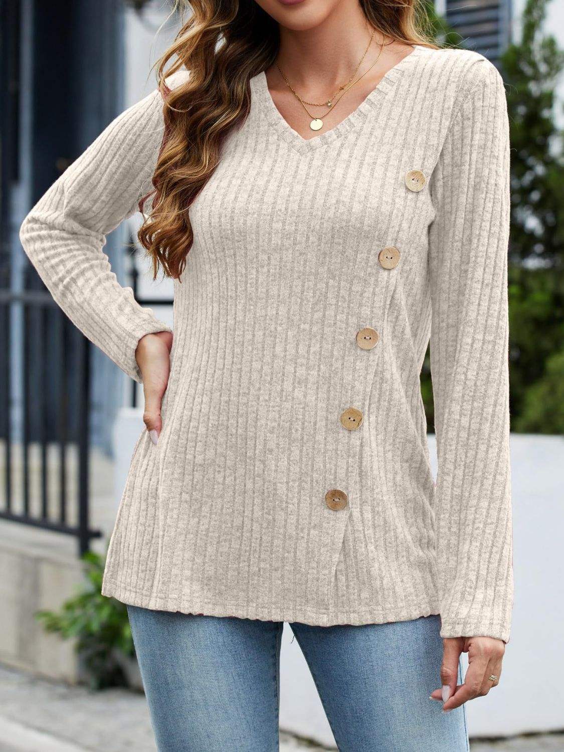 V-Neck Long Sleeve T-Shirt - Trendsi - Flyclothing LLC
