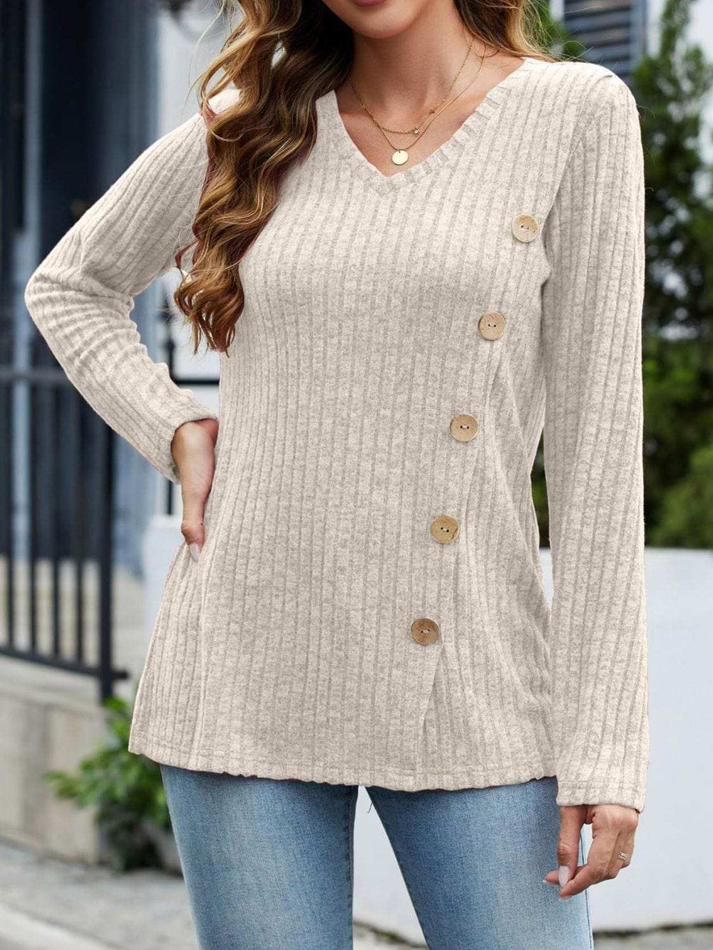 V-Neck Long Sleeve T-Shirt - Trendsi - Flyclothing LLC