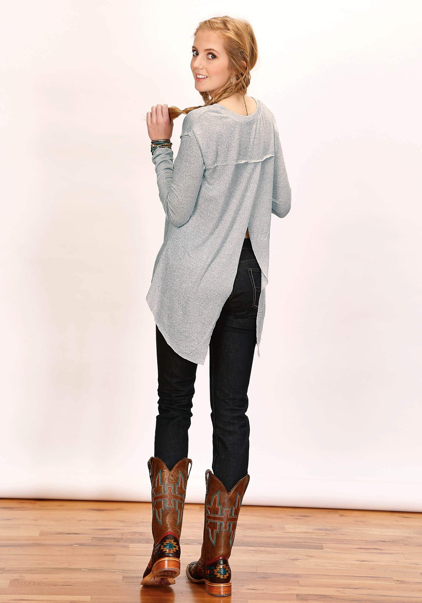 Tin Haul Womens Long Sleeve Pullover Melange Grey Sweater Jersey T Shirt With Three Quarter Sleeves Split Open Back - TIN HAUL - Flyclothing LLC