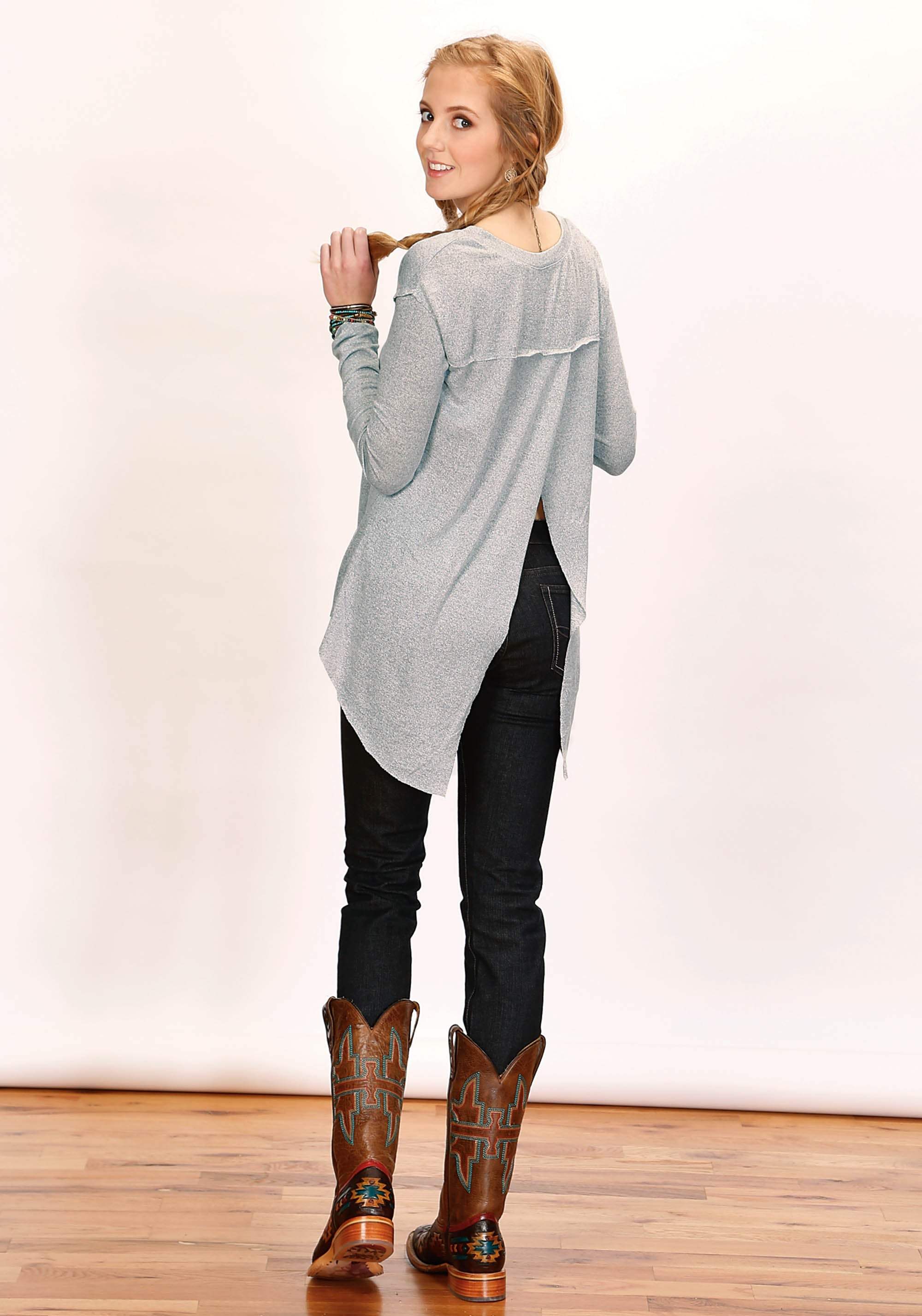 Tin Haul Womens Long Sleeve Pullover Melange Grey Sweater Jersey T Shirt With Three Quarter Sleeves Split Open Back - TIN HAUL - Flyclothing LLC