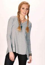 Tin Haul Womens Long Sleeve Pullover Melange Grey Sweater Jersey T Shirt With Three Quarter Sleeves Split Open Back - TIN HAUL - Flyclothing LLC