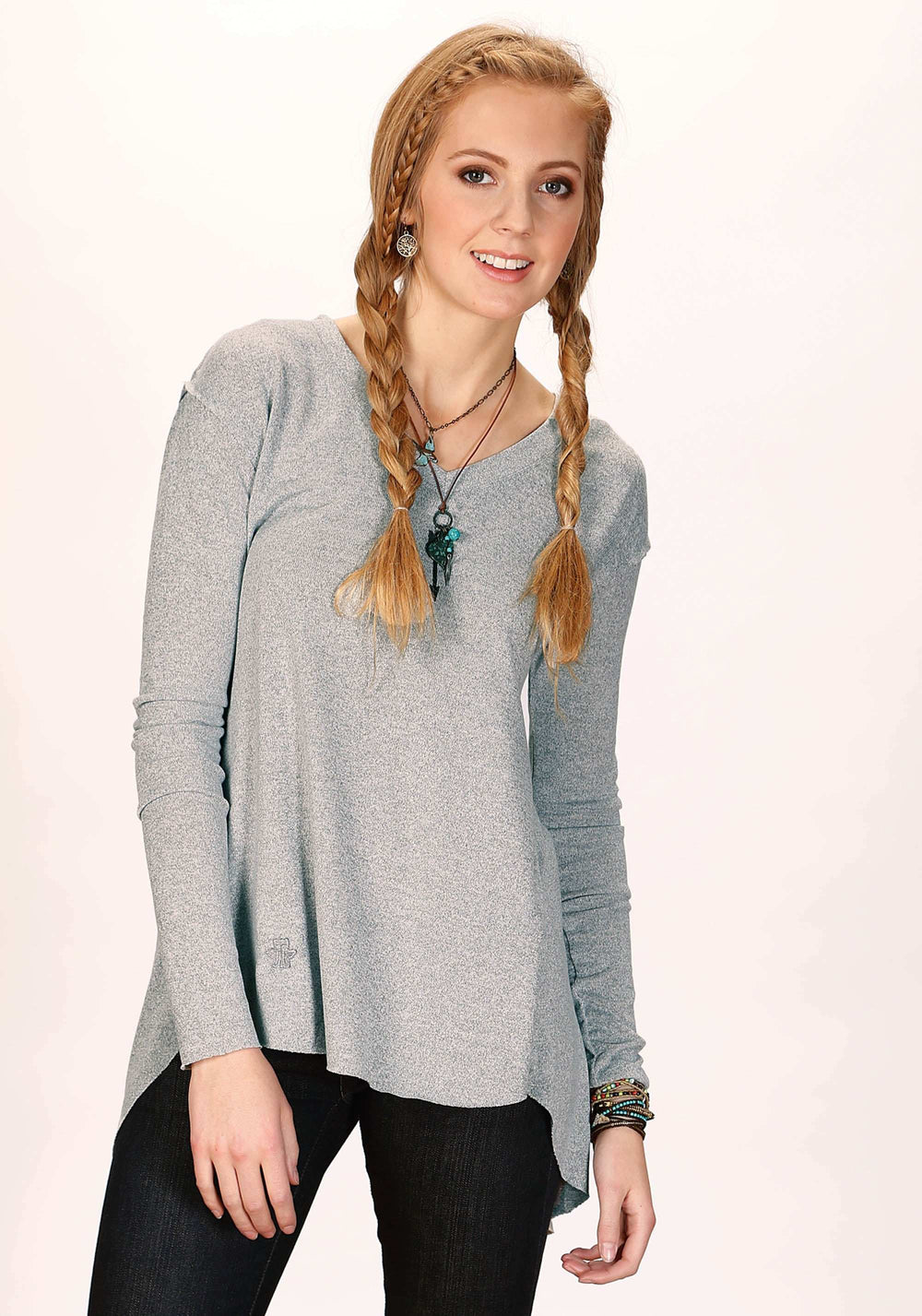 Tin Haul Womens Long Sleeve Pullover Melange Grey Sweater Jersey T Shirt With Three Quarter Sleeves Split Open Back - TIN HAUL - Flyclothing LLC