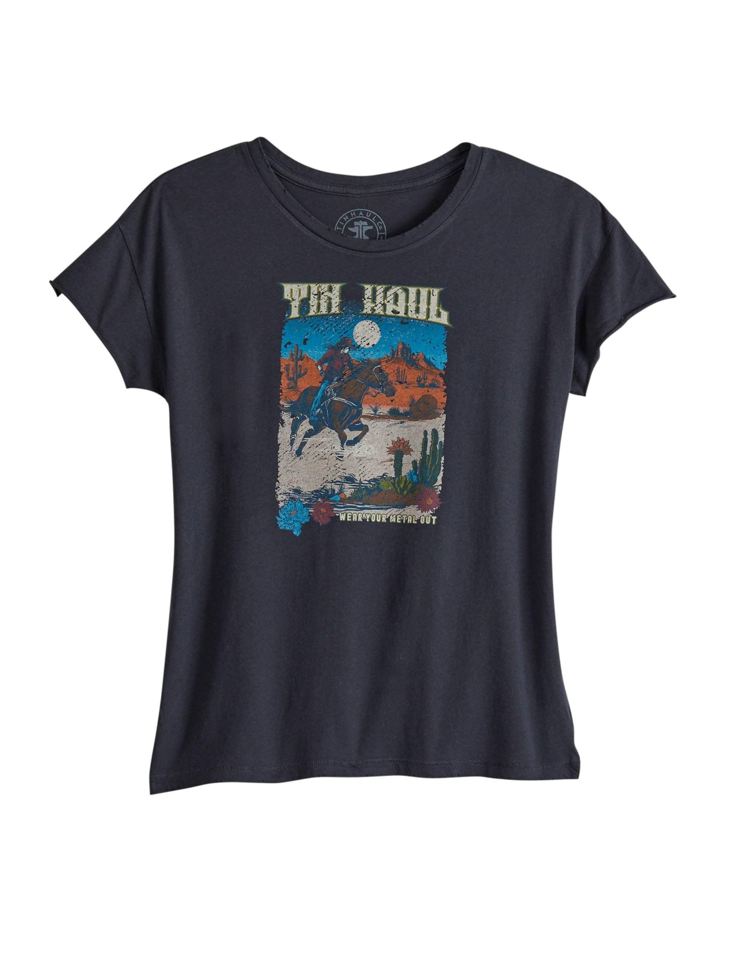 Tin Haul Womens Short Sleeve Tin Haul Women Rider In Desert Scene T Shirt With Distreshort Sleeve Garment Washed - TIN HAUL - Flyclothing LLC