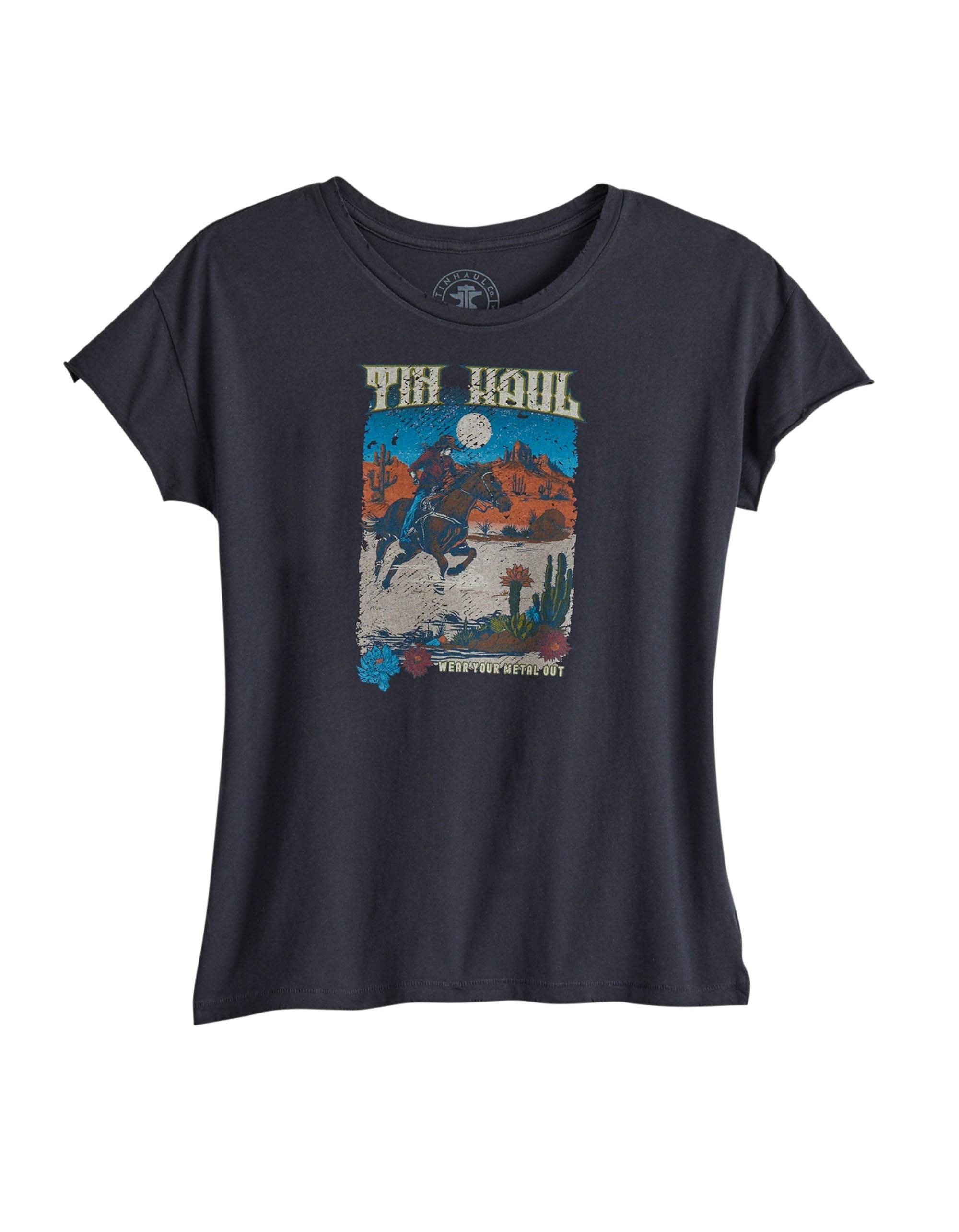 Tin Haul Womens Short Sleeve Tin Haul Women Rider In Desert Scene T Shirt With Distreshort Sleeve Garment Washed - TIN HAUL - Flyclothing LLC