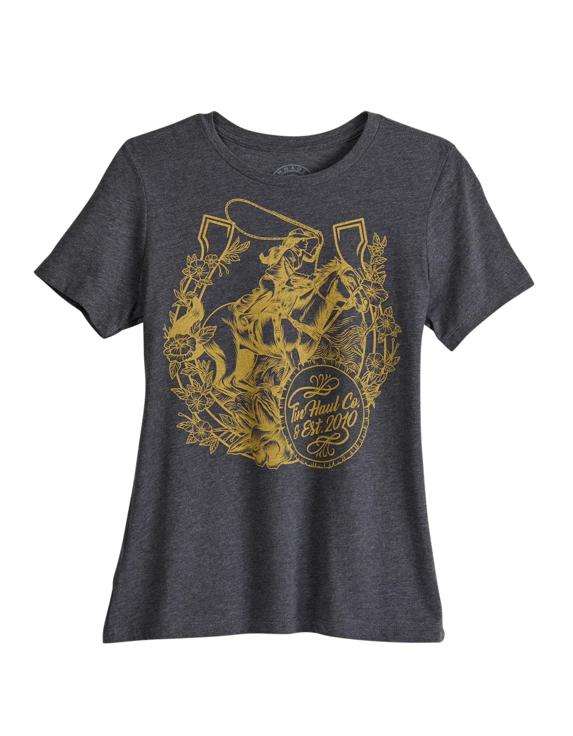 Tin Haul Womens Short Sleeve Tin Haul Girl Horse And Horseshoe T Shirt Heathered Grey Relax Fit - TIN HAUL - Flyclothing LLC