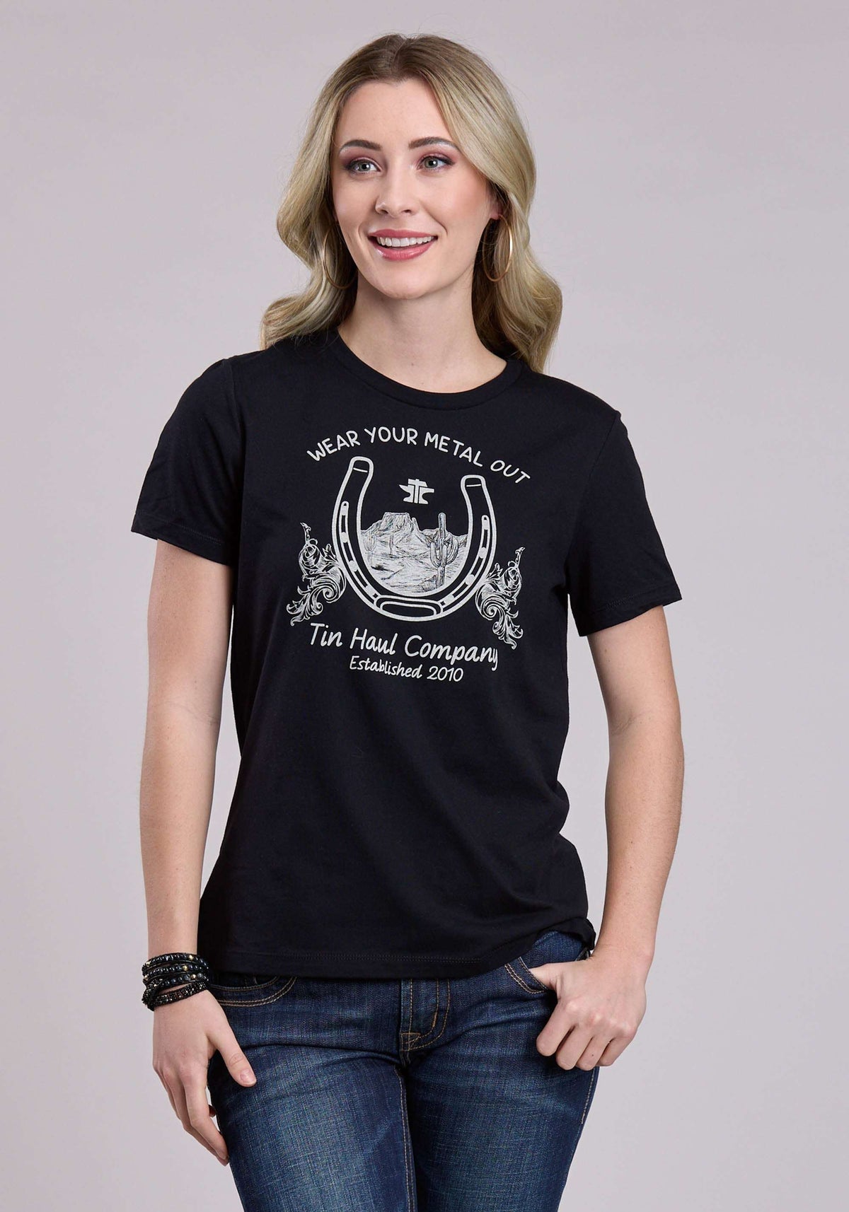 Tin Haul Womens Horseshoe With Scenery Short Sleeve Pullover Western Shirt - Tin Haul - Flyclothing LLC