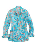 Tin Haul Womens Long Sleeve Snap Turquoise Aztec Print Western Shirt - Tin Haul