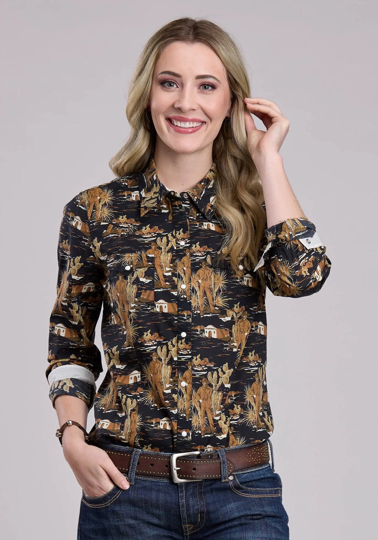 Womens Long Sleeve Snap Cowboy Print Western Shirt - Tin Haul - Flyclothing LLC