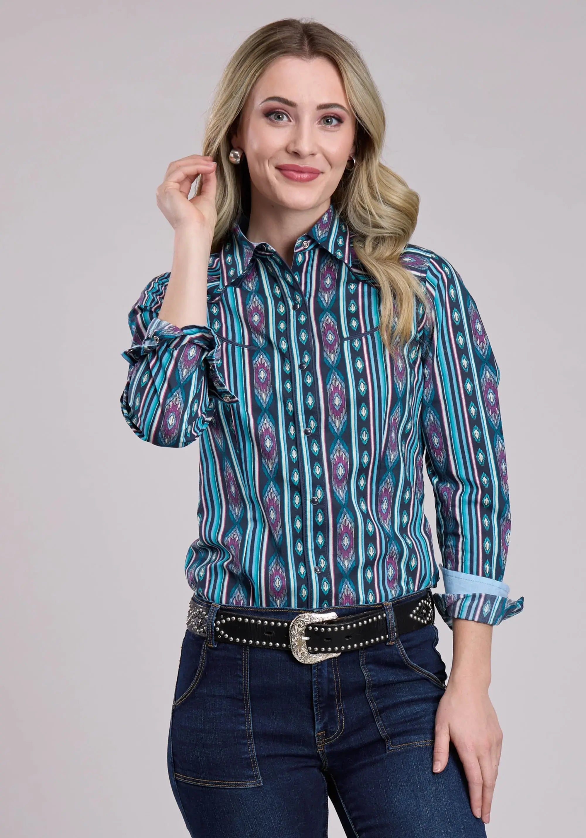 Tin Haul Womens Long Sleeve Snap Vertical Aztec Stripe Western Shirt - Tin Haul - Flyclothing LLC