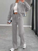 Baseball Collar Zip Up Outerwear and Drawstring Pants Set - Trendsi - Flyclothing LLC