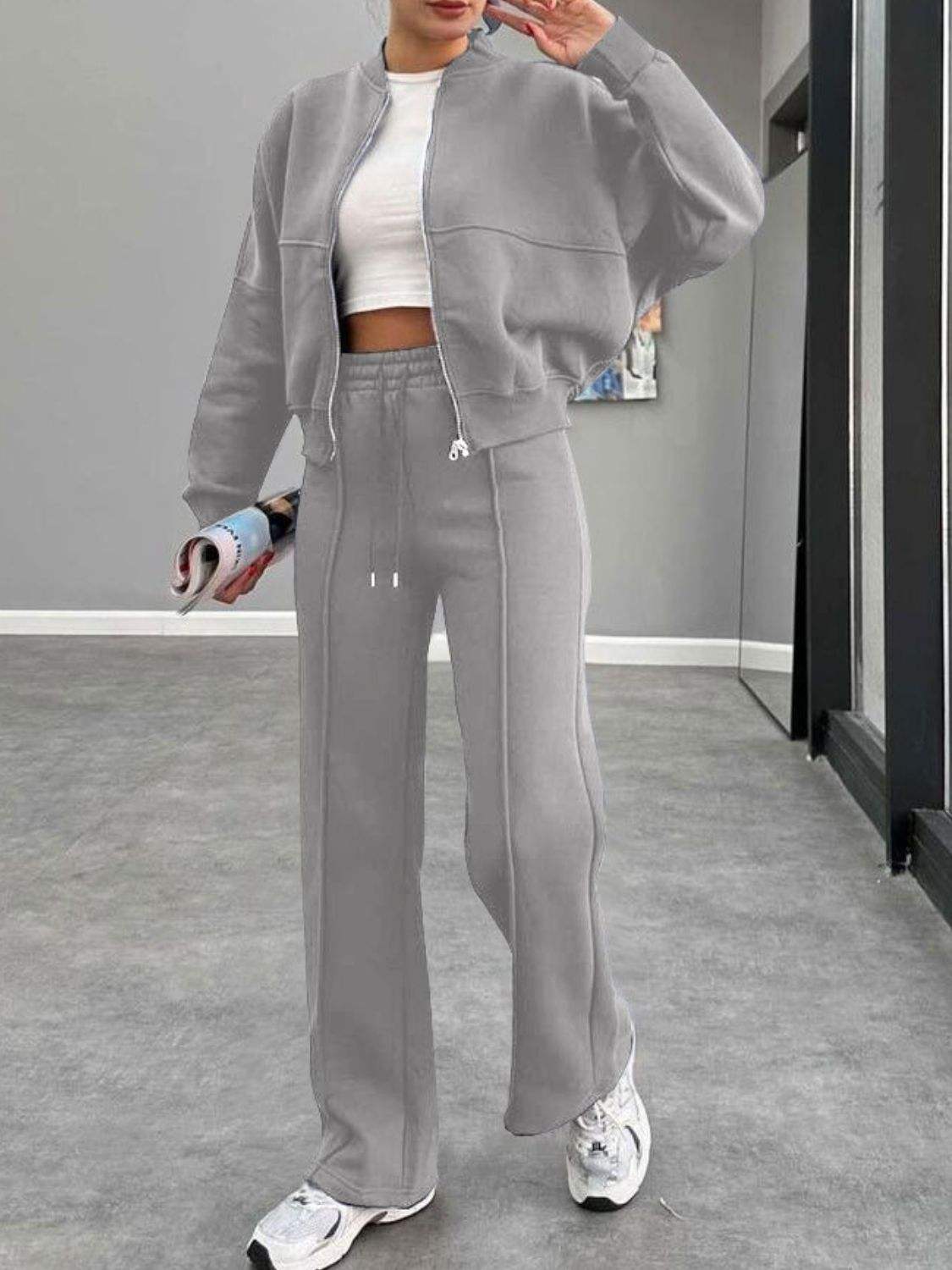 Baseball Collar Zip Up Outerwear and Drawstring Pants Set - Trendsi - Flyclothing LLC