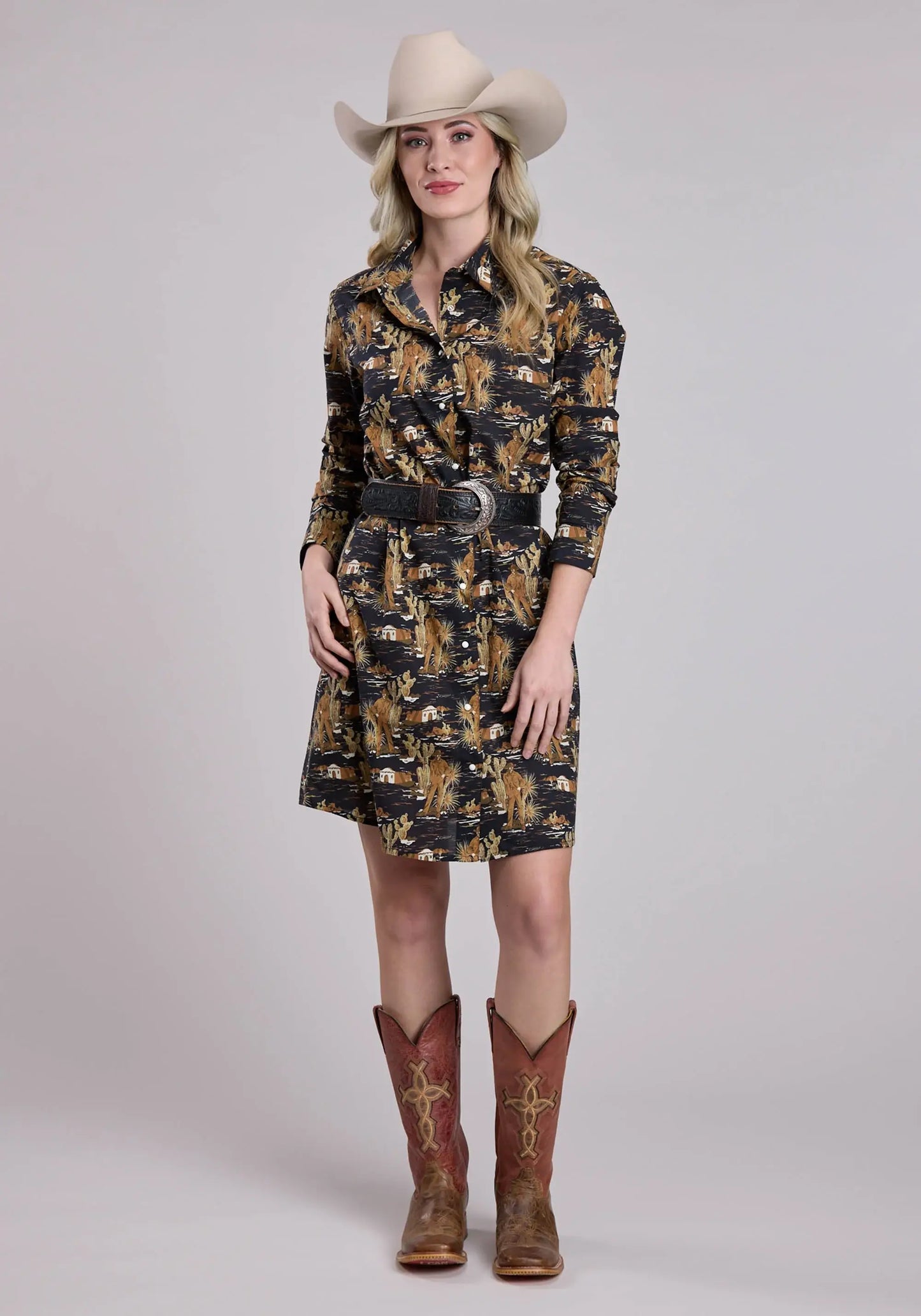 Womens Long Sleeve Dress Zipper Cowboy Print Western Dress - Tin Haul - Flyclothing LLC