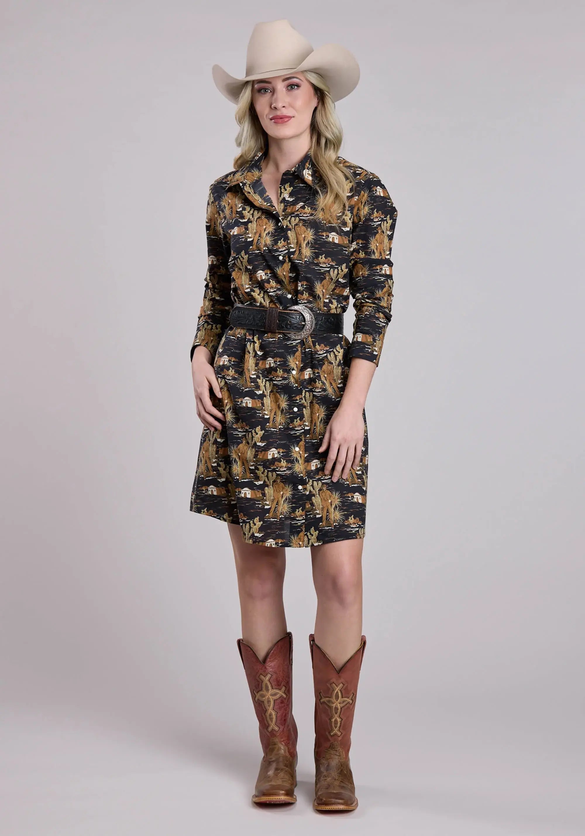Womens Long Sleeve Dress Zipper Cowboy Print Western Dress - Tin Haul - Flyclothing LLC