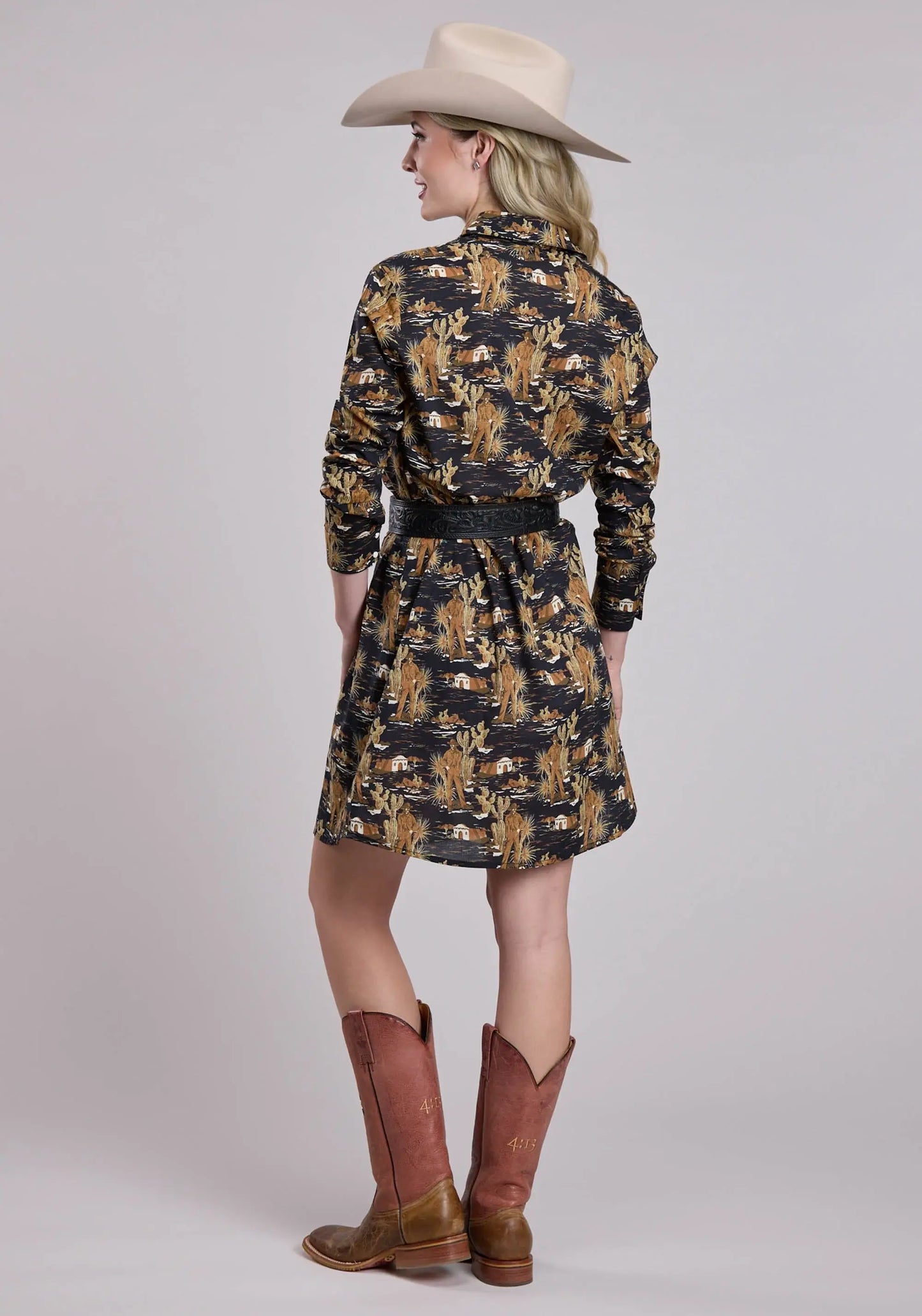Womens Long Sleeve Dress Zipper Cowboy Print Western Dress - Tin Haul - Flyclothing LLC