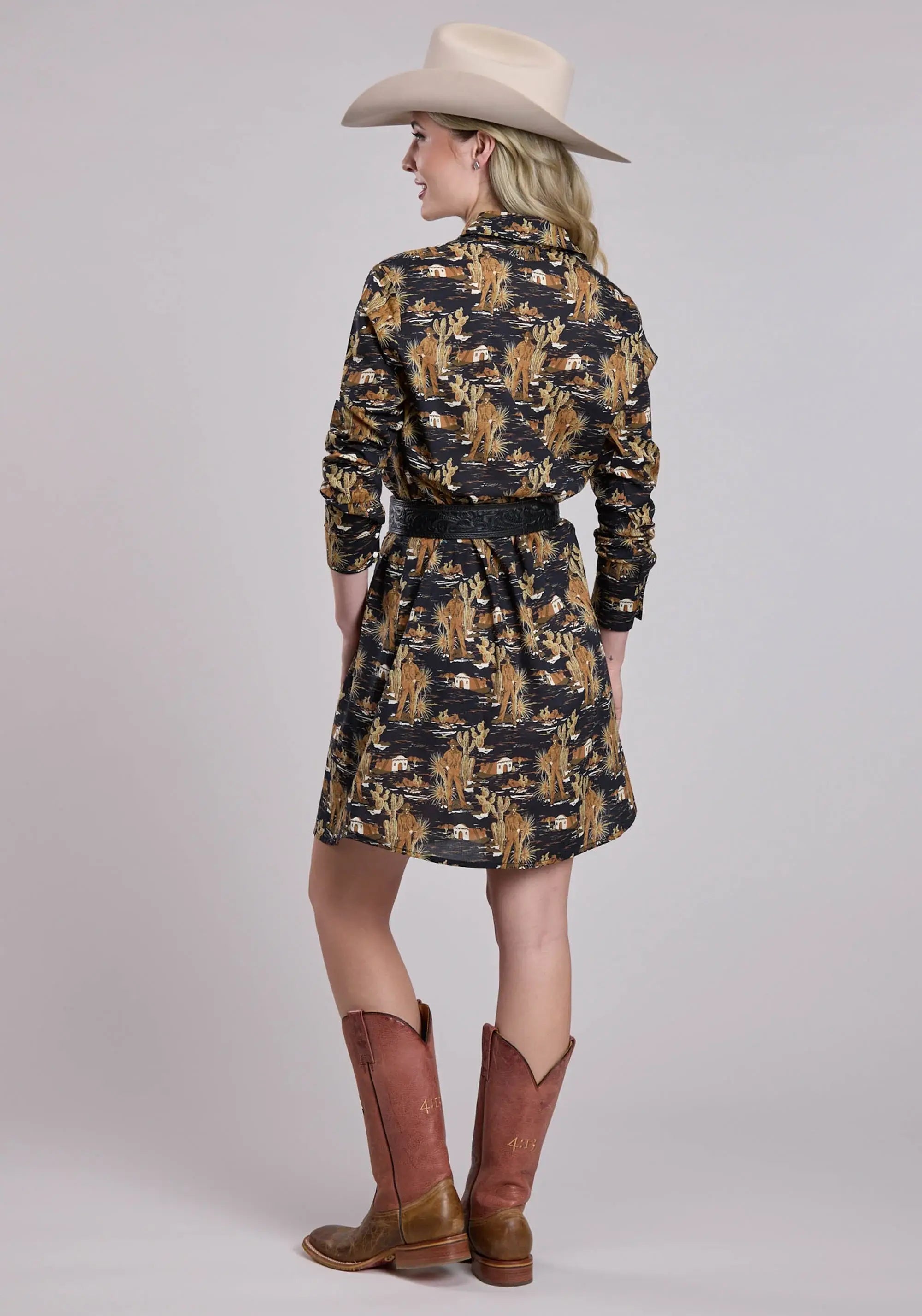Womens Long Sleeve Dress Zipper Cowboy Print Western Dress - Tin Haul - Flyclothing LLC